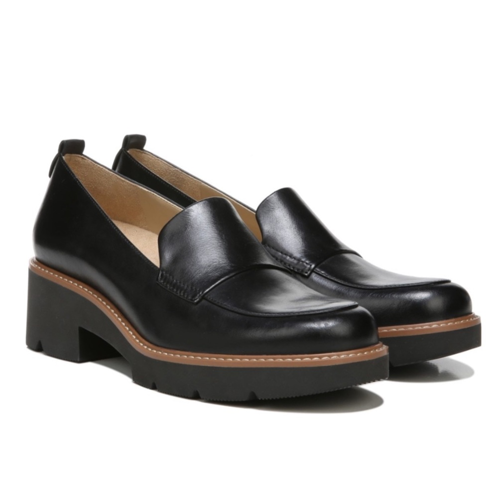 Naturalizer Black Leather Platform Loafers with Brown Welt